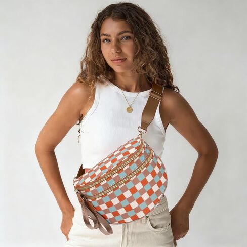 Spacious Crossbody Bag Nylon Bum Bag for Women Fanny Packs Handbags with Adjustable Straps Multicolor Checkered in Kuwait