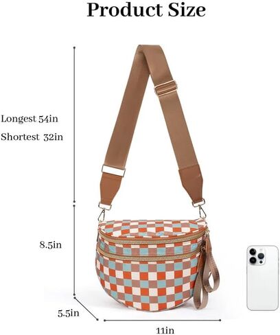 Spacious Crossbody Bag Nylon Bum Bag for Women Fanny Packs Handbags with Adjustable Straps Multicolor Checkered in Kuwait