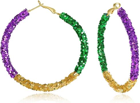 Mardi Gras Earrings for Women - Classy Purple Green Gold Hoop Jewelry, Carnival Outfit Costume Jewelry Accessories Gifts in Kuwait