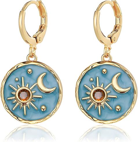 Dreuyet Retro Sun and Moon Earrings for Women Unique Handmade Boho Antiqued Sun Moon Huggie Hoops Vintage Bohemian Round Coin Earrings Celestial Jewelry Gifts in Saudi Arabia