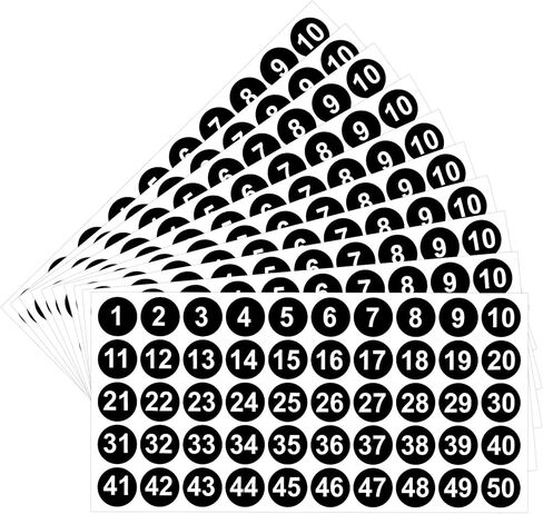 500 Pcs Number Stickers Consecutive Number Stickers 1-50 Self-Adhesive Small Vinyl Numbered Sticker 10 Sheets 1 Inch Waterproof Round Circle Labels for Office School Classroom Storage (Black) in Kuwait