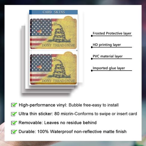 قطعتان من غلاف بطاقة الخصم Don't Tread On Me، غلاف بطاقة الائتمان Gadsden Flag Freedom لبطاقة الهوية والطالب والنقل وبطاقة البنك - مقاومة للماء، غطاء ملصق لبطاقة الائتمان الوطنية من الفينيل النحيف in Kuwait