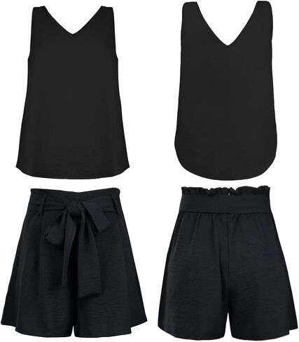 FANCYINN Womens 2 Piece Outfit Set V Neck Long Sleeves Tops High Waisted Paper Bag Pants with Belt in Kuwait