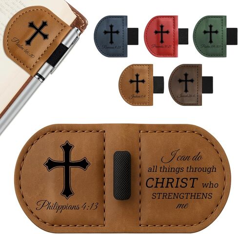 Bygone Mark Personalized Leather Bookmark with Pen Holder - Magnetic Bible Verse Design, Inspirational Gifts for Men and Women, Christian Book Lovers Reading Accessory (Brown-Philippians 4:13) in Saudi Arabia