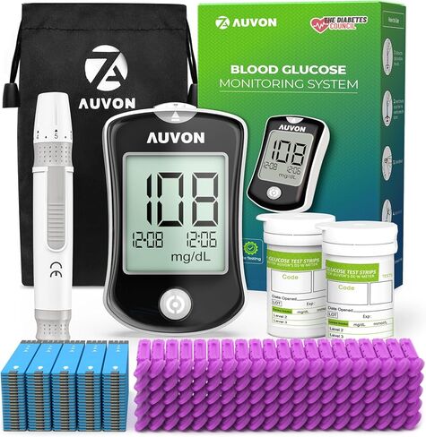 AUVON Blood Glucose Monitor Kit for Accurate Test, Diabetes Testing Kit with 100 Glucometer Strips, 100 30G Lancets and Lancing Devices, I-QARE DS-W Portable Sugar Test Kit, No Coding Required in Kuwait