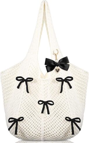 Abbylike Bow Beach Bag Coquette Bow Tote Bag for Women with Charm Cute Crochet Tote Summer Boho Mesh Knitted Shoulder Handbag in Saudi Arabia