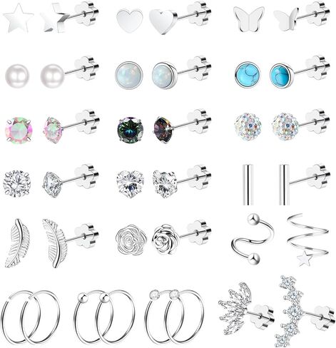 38pcs Silver Flat Back Stud Earrings for Women Hypoallergenic Surgical Steel Stud and hoops Earrings for Sensitive Ears Stacked Tiny Screw Backs Cartilage Tragus Earring Set for Multiple Piercing in Kuwait