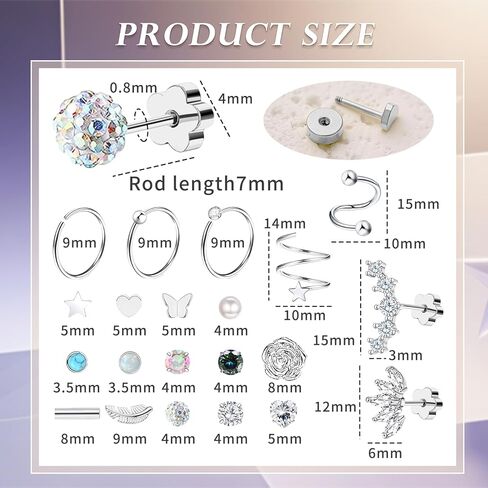 38pcs Silver Flat Back Stud Earrings for Women Hypoallergenic Surgical Steel Stud and hoops Earrings for Sensitive Ears Stacked Tiny Screw Backs Cartilage Tragus Earring Set for Multiple Piercing in Saudi Arabia