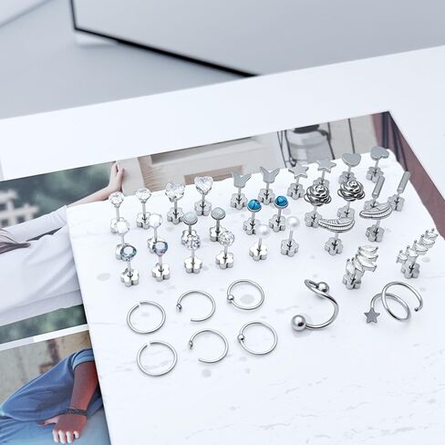 38pcs Silver Flat Back Stud Earrings for Women Hypoallergenic Surgical Steel Stud and hoops Earrings for Sensitive Ears Stacked Tiny Screw Backs Cartilage Tragus Earring Set for Multiple Piercing in Saudi Arabia