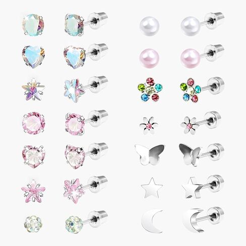 14 زوجًا من الأقراط الخلفية اللولبية المضادة للحساسية للنساء 316L من الفولاذ المقاوم للصدأ تشيكوسلوفاكيا الكرة القلب زهرة نجمة القمر برغي مسطح الظهر أقراط مجوهرات هدية متعددة الألوان in Kuwait