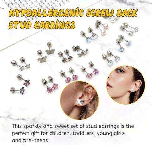 14 زوجًا من الأقراط الخلفية اللولبية المضادة للحساسية للنساء 316L من الفولاذ المقاوم للصدأ تشيكوسلوفاكيا الكرة القلب زهرة نجمة القمر برغي مسطح الظهر أقراط مجوهرات هدية متعددة الألوان in Kuwait