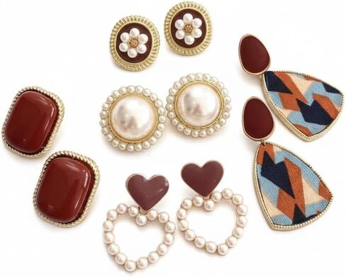 Red Statement Earrings for Women Vintage Big Heart Earring Set with Pearls and Gemstones Acrylic Fashion for a Glamorous Look in Kuwait