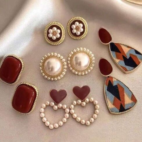 Red Statement Earrings for Women Vintage Big Heart Earring Set with Pearls and Gemstones Acrylic Fashion for a Glamorous Look in Kuwait