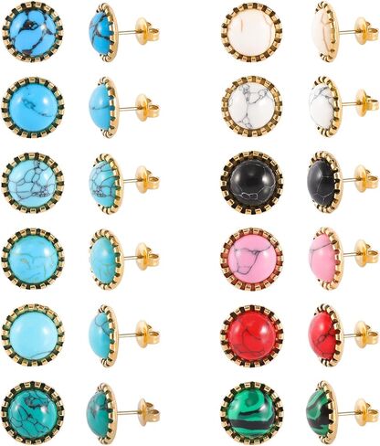 12 Pairs Multi Gemstone Turquoise Stud Earrings Stainless Steel Gem Stone Stud Earrings Set for Women in Kuwait