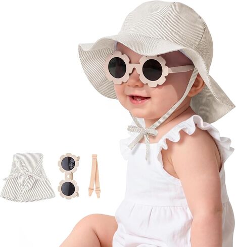 Durio UPF50+ Baby Sun Hat and Sunglasses - Sun Protection Hat for Boy Girl, Wide Brim Summer Beach Hats for Newborn Toddler in Saudi Arabia