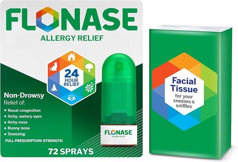 Flonase Allergy Relief Nasal Spray, 24 Hour Non Drowsy Allergy Medicine, Metered Nasal Spray - 72 Sprays plus Bonus Pack of Tissues - Fall and Seasonal Allergy Relief in Kuwait