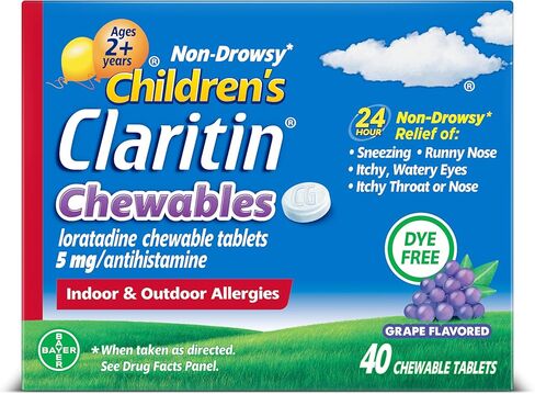 Children's Claritin Chewables 24 Hour Allergy Relief, Non Drowsy Kids Allergy Medicine, Grape Antihistamine Chewable Tablets, For Children 2 Years and Older, 40 Count in Kuwait