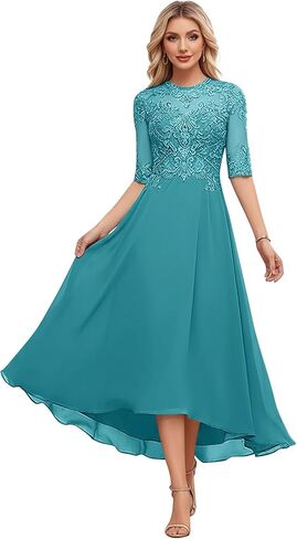 Lace Applique Tea Length Mother of The Bride Dress 3/4 Sleeves A line Chiffon Formal Evening Gowns for Women in Saudi Arabia