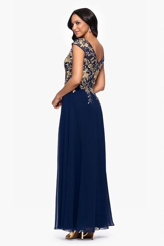 Betsy & Adam Women's Chiffon V Neck Embroidered Cap Sleeve Floor Length Dress in Saudi Arabia