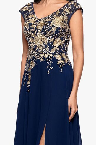 Betsy & Adam Women's Chiffon V Neck Embroidered Cap Sleeve Floor Length Dress in Saudi Arabia