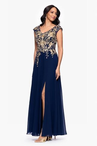 Betsy & Adam Women's Chiffon V Neck Embroidered Cap Sleeve Floor Length Dress in Saudi Arabia