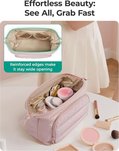 BAGSMART Travel Makeup Bag, Cosmetic Bag Small Make Up Organizer Case,Wide-open Pouch for Women Purse for Toiletries Accessories Brushes,Large Beige in Saudi Arabia