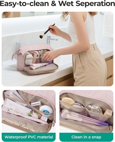 BAGSMART Travel Makeup Bag, Cosmetic Bag Small Make Up Organizer Case,Wide-open Pouch for Women Purse for Toiletries Accessories Brushes,Large Beige in Saudi Arabia
