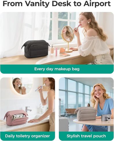 BAGSMART Travel Makeup Bag, Cosmetic Bag Small Make Up Organizer Case,Wide-open Pouch for Women Purse for Toiletries Accessories Brushes,Large Beige in Saudi Arabia
