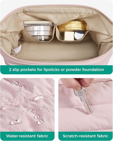 BAGSMART Travel Makeup Bag, Cosmetic Bag Small Make Up Organizer Case,Wide-open Pouch for Women Purse for Toiletries Accessories Brushes,Large Beige in Saudi Arabia