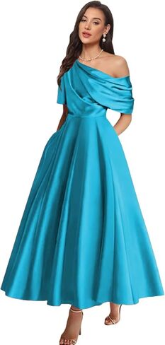 One Shoulder Satin A Line Mother of The Bride Dresses Tea Length Formal Evening Gown with Pockets for Wedding Guest in Saudi Arabia