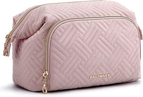 BAGSMART Travel Makeup Bag, Cosmetic Bag Small Make Up Organizer Case,Wide-open Pouch for Women Purse for Toiletries Accessories Brushes,Large Beige in Saudi Arabia