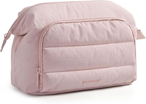 BAGSMART Travel Makeup Bag, Cosmetic Bag Small Make Up Organizer Case,Wide-open Pouch for Women Purse for Toiletries Accessories Brushes,Large Beige in Saudi Arabia