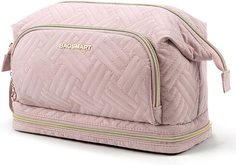 BAGSMART Travel Makeup Bag, Cosmetic Bag Small Make Up Organizer Case,Wide-open Pouch for Women Purse for Toiletries Accessories Brushes,Large Beige in Saudi Arabia