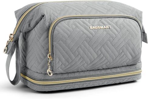 BAGSMART Travel Makeup Bag, Cosmetic Bag Small Make Up Organizer Case,Wide-open Pouch for Women Purse for Toiletries Accessories Brushes,Large Beige in Saudi Arabia