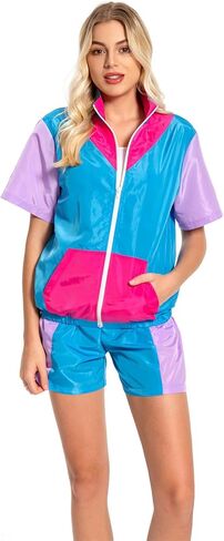 بدلة رياضية نسائية 80s/90s قطعتين ملابس بأكمام قصيرة ريترو مرقعة رياضية سترة واقية بسحاب خصر مرن ملابس رياضية in Kuwait