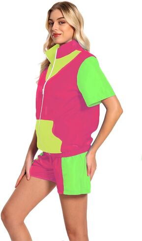 Womens 80s/90s Tracksuit 2 Piece Short Sleeve Outfits Retro Patchwork Sport Windbreaker Zip Elastic Waist Sportswear in Saudi Arabia