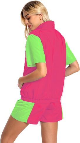 Womens 80s/90s Tracksuit 2 Piece Short Sleeve Outfits Retro Patchwork Sport Windbreaker Zip Elastic Waist Sportswear in Saudi Arabia