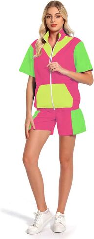 Womens 80s/90s Tracksuit 2 Piece Short Sleeve Outfits Retro Patchwork Sport Windbreaker Zip Elastic Waist Sportswear in Saudi Arabia
