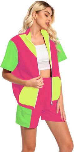 Womens 80s/90s Tracksuit 2 Piece Short Sleeve Outfits Retro Patchwork Sport Windbreaker Zip Elastic Waist Sportswear in Saudi Arabia