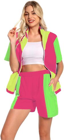 Womens 80s/90s Tracksuit 2 Piece Short Sleeve Outfits Retro Patchwork Sport Windbreaker Zip Elastic Waist Sportswear in Saudi Arabia