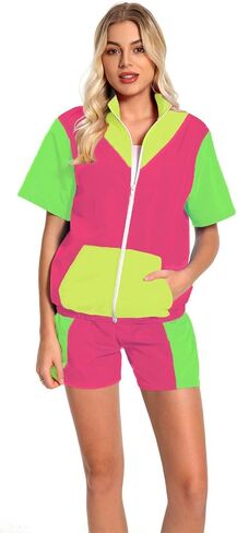 Womens 80s/90s Tracksuit 2 Piece Short Sleeve Outfits Retro Patchwork Sport Windbreaker Zip Elastic Waist Sportswear in Saudi Arabia