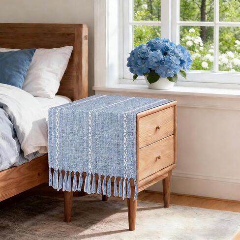 Boho Table Runner Short 15.7 x 36 inch, Sage Green Coffee Table Cover, Linen Small Table Cloth, Wide Dresser Runner Scarf for Nightstand, Bedside End Table, Bohemian Home Decor (44''with Tassels) in Kuwait