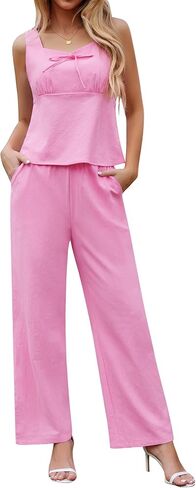 طقم نسائي مكون من قطعتين برقبة على شكل حرف V بدون أكمام وسحاب علوي وسروال واسع الساق مع جيوب in Kuwait