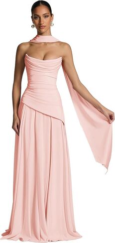 Strapless Bridesmaid Dresses with Scarf Chiffon Ruched Formal Dress A-line Long Evening Gown in Kuwait