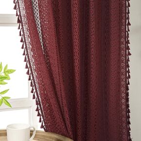 Burgundy Sheer Curtains 84 Inches Long 2 Panel Cotton Blend Crochet Lace Curtain Tassel Rod Pocket Semi Sheer Light Filtering Boho Curtains for Bedroom Living Room Window Drapes Maroon Red in Kuwait