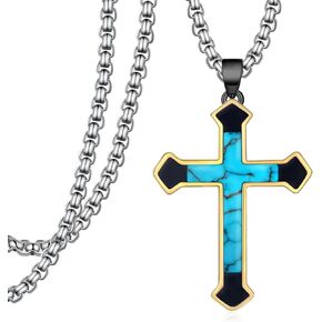 Genuine Turquoise Cross Necklace 925 Sterling Silver Turquoise Necklace Vintage Western Religious Cross Turquoise Jewelry for Men in Kuwait
