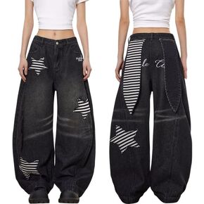 Barrel Jeans for Women Baggy Star Embroidered Jeans Cute Patchwork Denim Pants Boyfriends Trendy Clothes in Kuwait