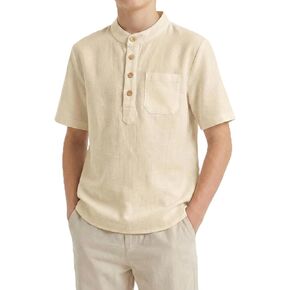 تي شيرت Spring&Gege Boys من الكتان Henley بأكمام قصيرة كاجوال للشاطئ للصيف مع جيب in Kuwait