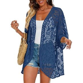 Women's Casual Lace Kimono Cardigan 3 4 Sleeve Sheer Shrug Formal Dress Beach Party Cover Up in Kuwait