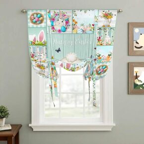 Easter Bunny Tie Up Curtains for Window, Spring Farmhouse Gnomes Wooden Grain Thermal Insulated Balloon Shade Adjustable Rod Pocket Curtains Valance Panels for Kitchen Bathroom Café 34'' x 45'' in Saudi Arabia